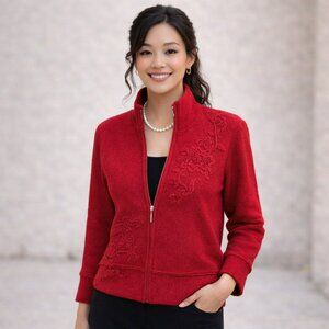 Coldwater Creek Floral Embroidered Wool Zip-Up Jacket Womens 8 Red